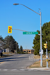 Leslie street  sign and traffic light on the road