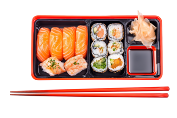 delicious sushi assortment in bento box with chopsticks isolated on white background