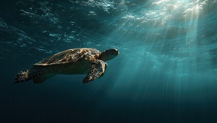 Sea turtle swimming in sunlit deep ocean
