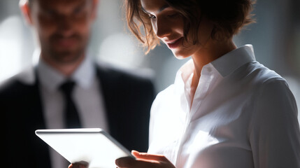 Confident businesswoman reviewing tablet data with colleague in bright modern office setting