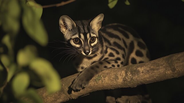 Spotted linsang on branch at night wildlife photography animal portrait exotic mammal carnivore predator