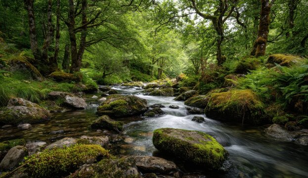 A tranquil forest stream meanders through mossy rocks