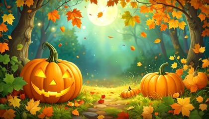 Naklejka premium Autumn forest scene with pumpkins