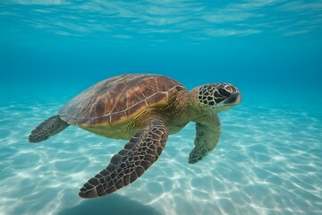 Fototapeta premium Majestic Sea Turtle Glides Gracefully Through Crystal Clear Tropical Waters 