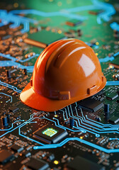 Orange Hard Hat Resting On Circuit Board With Blue Lights
