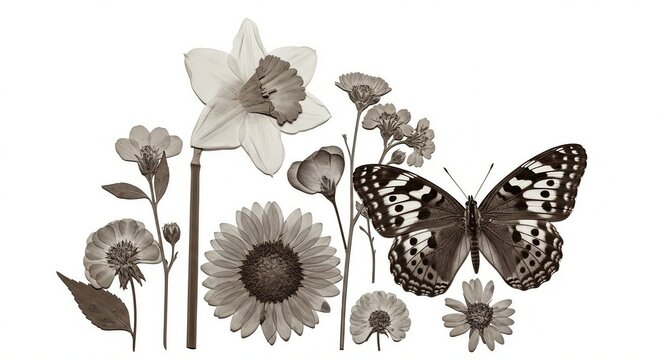 Pressed flowers and butterfly isolated on white background in sepia tone - Powered by Adobe