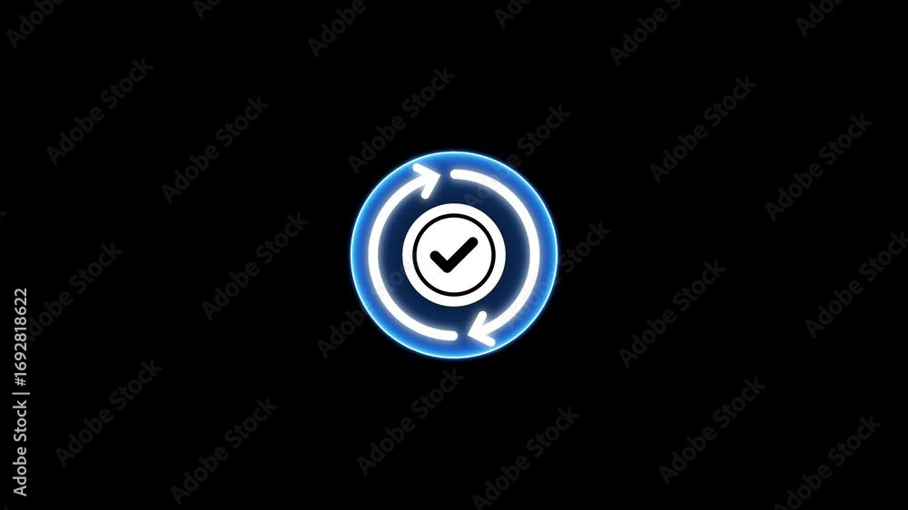 Poster check mark inside circular arrow signifying confirmation process completion or successful data refre