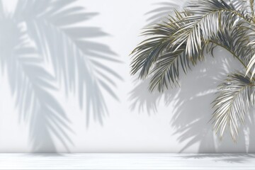 Light and shadow play with palm fronds against a white wall and floor