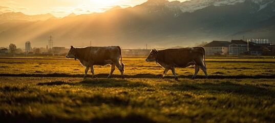 Two cows graze in a field at golden hour, with mountains in the background