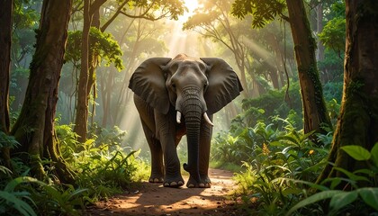 Fototapeta premium A majestic elephant stands in a sun-drenched forest clearing. Rays of light pierce the canopy, illuminating the path before it.