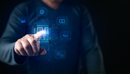 person touch a glowing AI interface surrounded by icons of images, video, music, translation, and automation, symbolizing artificial intelligence innovation, digital creativity, and smart technology.