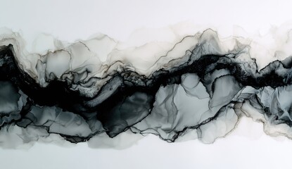 Abstract ink wash art.  Flowing, layered tones of black, gray, and beige create a mountainous, landscape-like effect on a white background