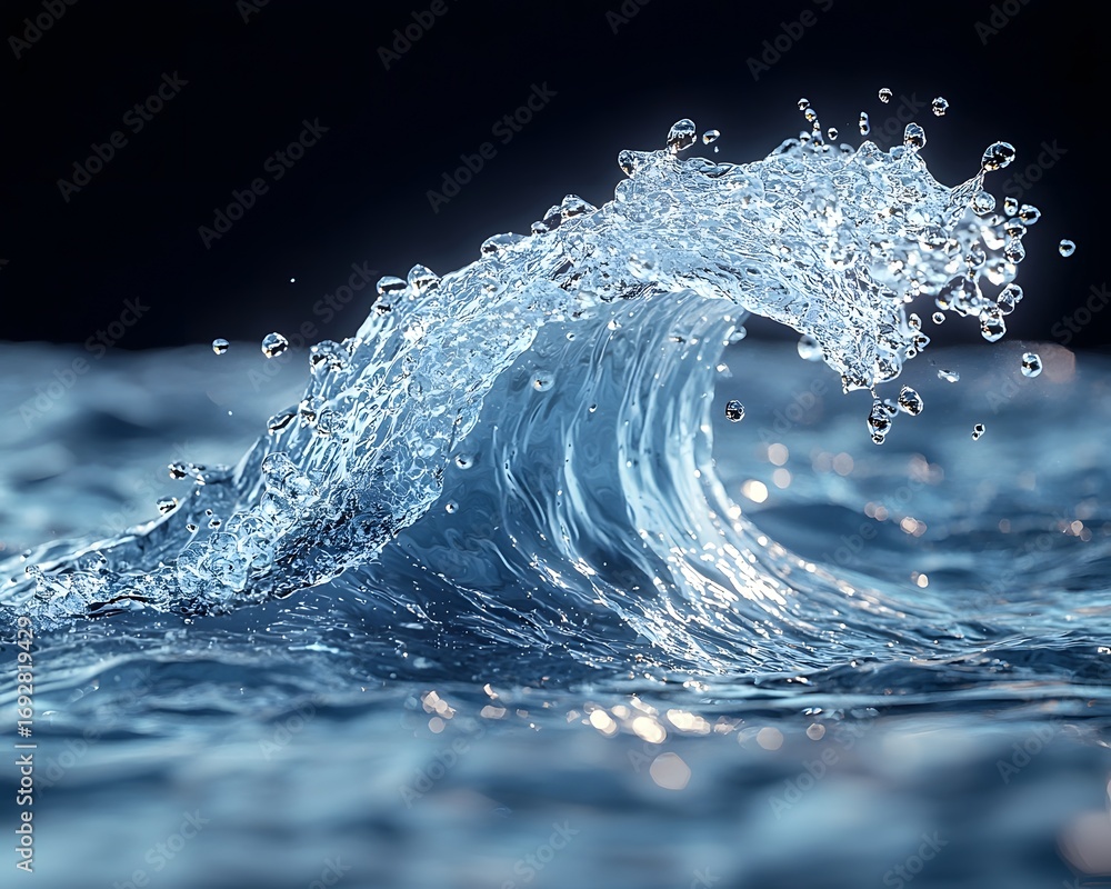 Poster a dynamic breaking ocean wave with shimmering water droplets against a dark background
