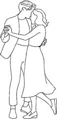 Minimalist line art illustration of a dancing couple embracing romance and elegance
