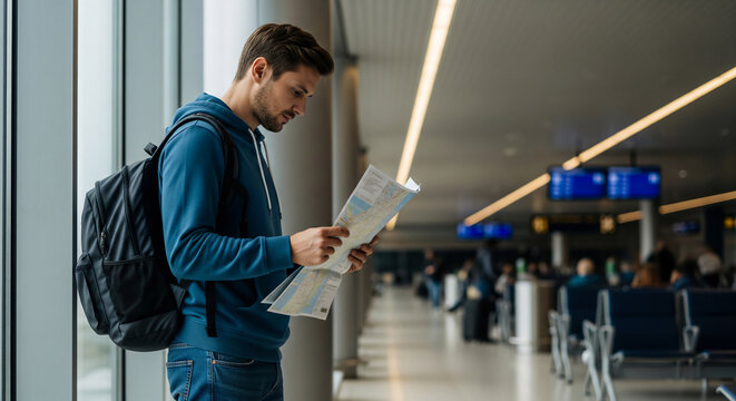 Man with backpack reading a map at airport