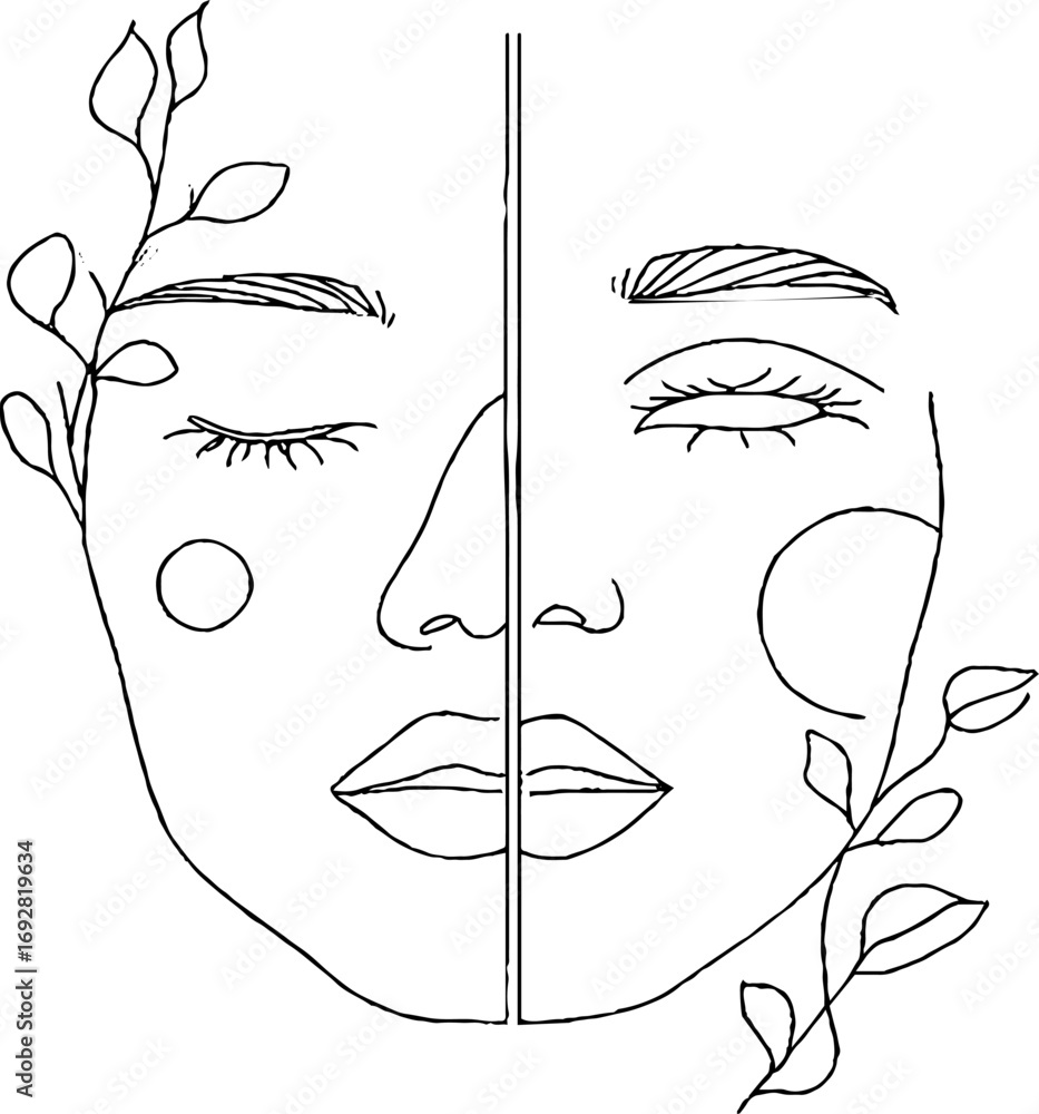 Poster minimalist line art of symmetrical face with botanical elements for modern aesthetic design
