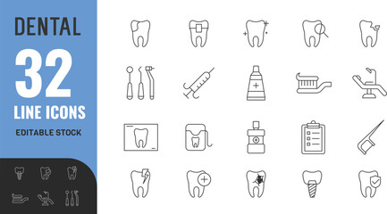 Dental  editable icon set. Braces, dentist, health, care, medicine, orthodontist, mouth, veneer, x-ray, toothbrush . vector illustration