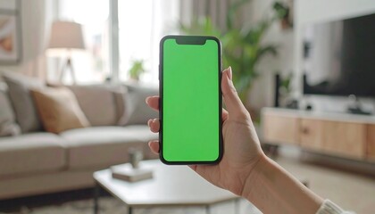 A hand holding a smartphone with a green screen, indoors