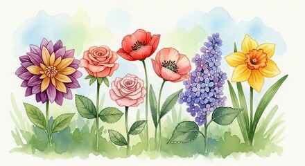 Watercolor painting of a flower garden with various types of flowers