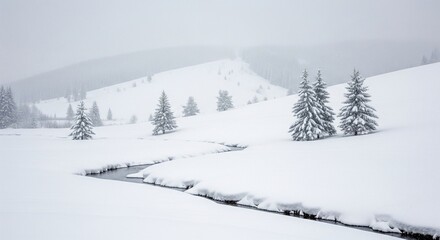 Obraz premium Snowy Landscape with Stream and Pine Trees