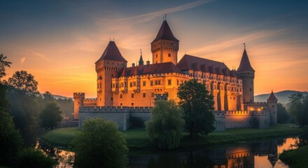 Obraz premium Majestic castle at dawn, bathed in warm light