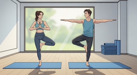 Couple practicing yoga tree pose