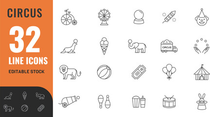 Circus editable icon set. Kayak, zoo, bowling, billiard, circus, drawing, hike, dj, striptease  . vector illustration