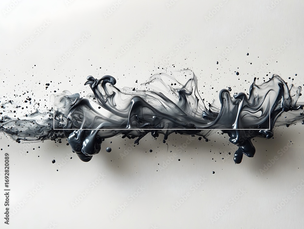 Poster Abstract black ink splash swirls dynamically around a horizontal bar symbolizing creative ideas and progress