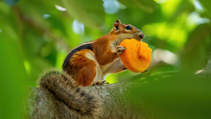 Fototapeta premium A Playful Squirrel Enjoying a Juicy Mango Slice Amidst Lush Green Foliage A Captivating Glimpse into the Delightful World of Wildlife in a Tropical Setting