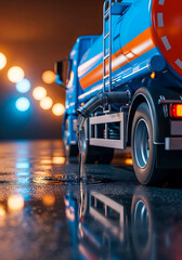 Tanker Truck Unloading Liquid onto Wet Pavement Keywords: tanker truck, liquid, unloading
