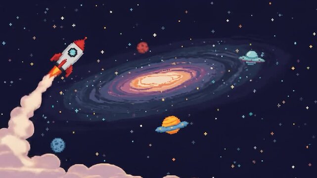 Rocket launches in space, pixel art with galaxy background for posters, banners, or sci-fi themed websites
