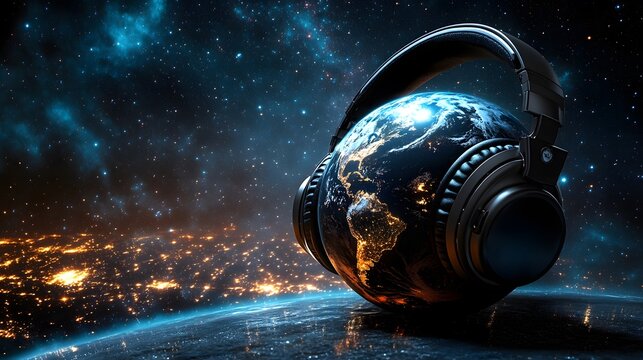Globe wearing headphones symbolizes the connection between music and the world