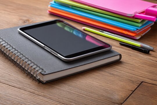 A sleek tablet resting on a notebook surrounded by colorful stationery on a wooden desk