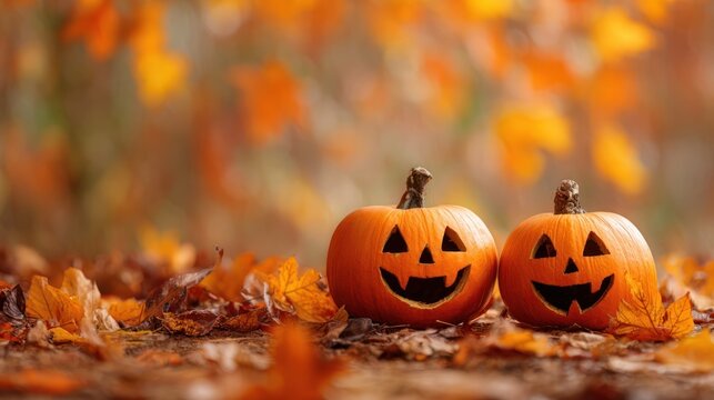 Two carved pumpkins with smiling faces sit amongst fallen autumn leaves