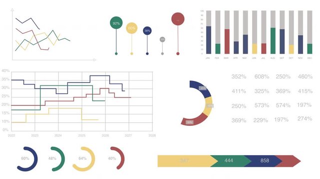 Animated infographics and data visualization elements such as charts, diagrams and graphs for financial report and market analysis. 4K video.