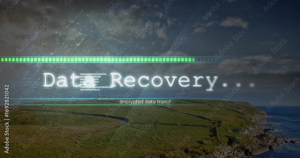 Poster digital overlay progressing at coastal headland, with data recovery bar and encrypted data transfer