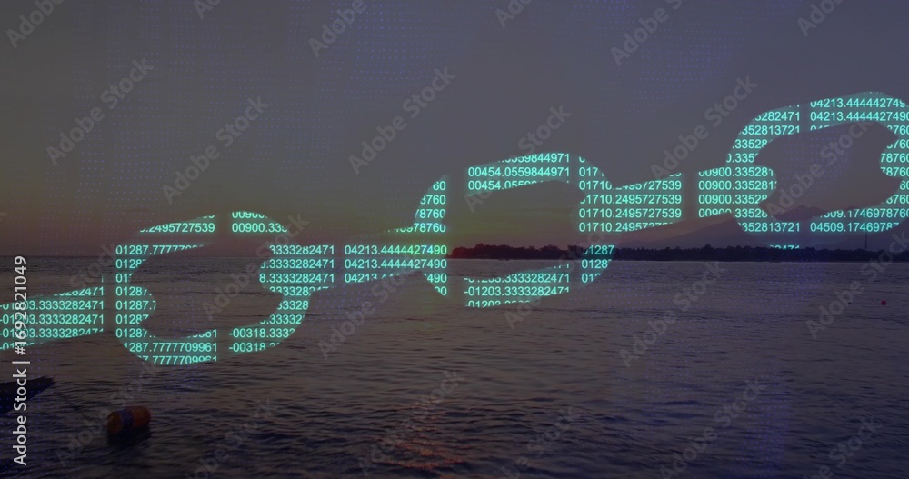 Poster floating glowing code chain links hovering above calm water at dusk, featuring small orange buoy