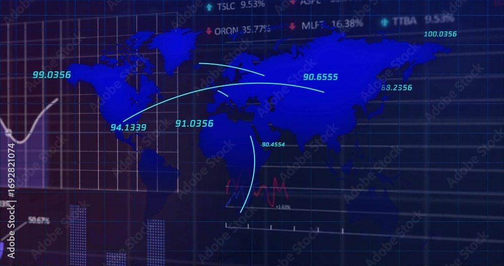 Poster displaying world map on monitor, featuring neon arcs, numeric labels, bar charts and stock ticker