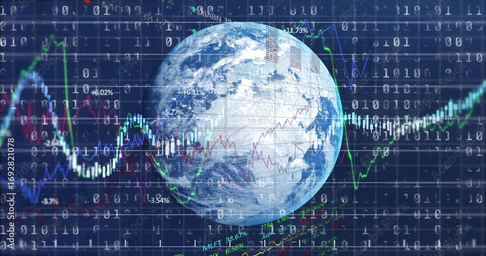 Poster 3d earth globe rotating in blue grid, with line graphs, candlesticks, percentages and binary digits