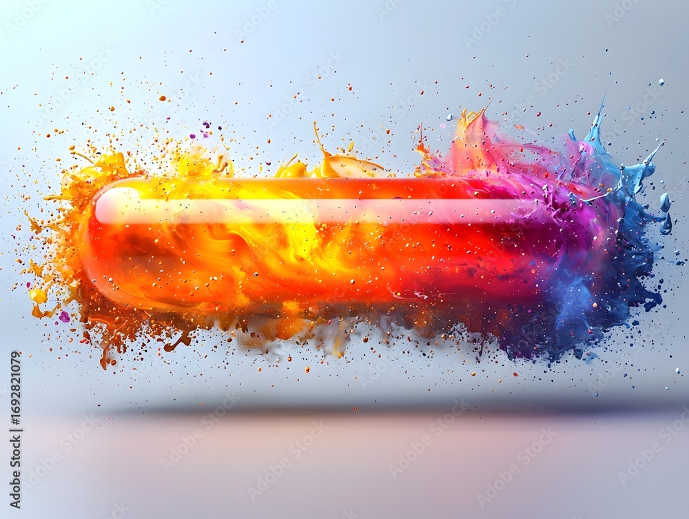 Poster vibrant colorful liquid splashing around a translucent capsule symbolizing dynamic creativity and ab