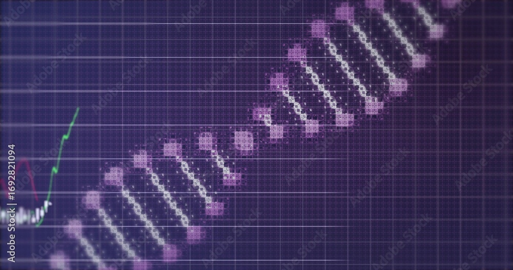 Poster displaying stylized dna double helix formed by pixels on violet grid ui, with colored line chart