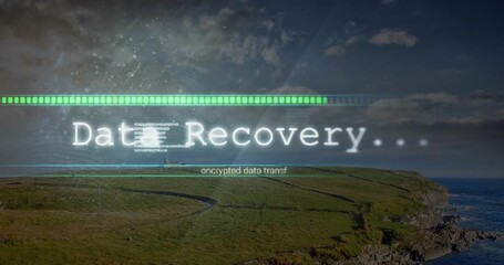 Digital overlay progressing at coastal headland, with Data Recovery bar and encrypted data transfer
