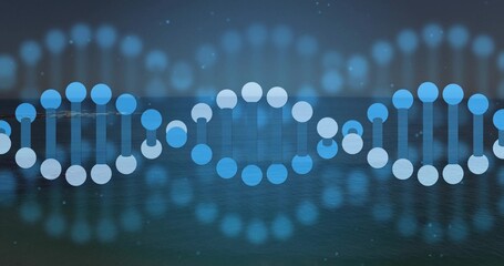 Glowing digital DNA helix pattern floating on teal water surface, with ambient light particles