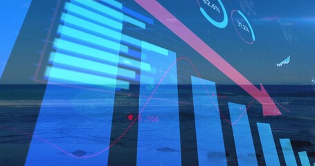 Showing data graph over ocean horizon, with blue bars, red arrow, red trendline, gauges 62