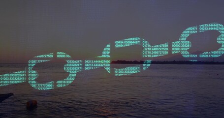 Floating glowing code chain links hovering above calm water at dusk, featuring small orange buoy