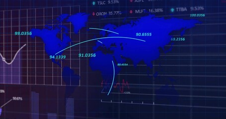 Displaying world map on monitor, featuring neon arcs, numeric labels, bar charts and stock ticker