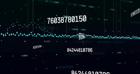 Streaming turquoise waveform fluctuating through data matrix, with numeric sequences and code