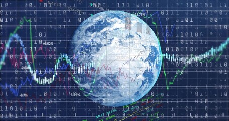 3D Earth globe rotating in blue grid, with line graphs, candlesticks, percentages and binary digits