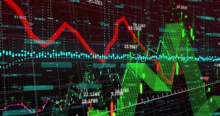 Showing chart on screen with red trend line, green zigzag arrows, blue reference line, bars