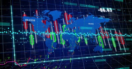 Blue map showing red and green candlestick bars in trading dashboard, with turquoise trend line